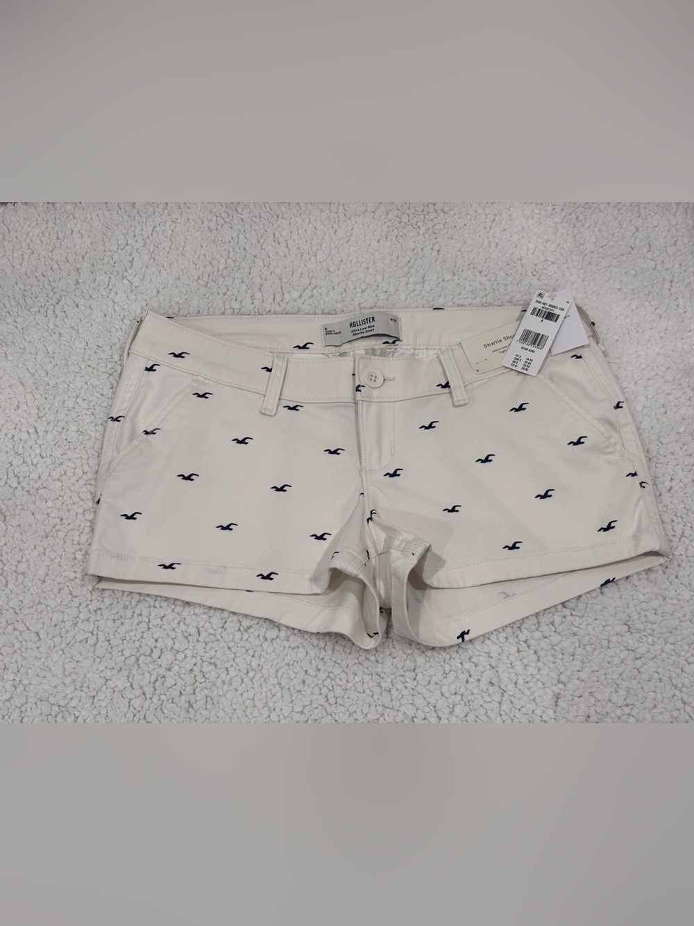 Hollister Ultra Low Rise Twill Icon Pattern Shortie Shorts White Navy Blue NWT 8